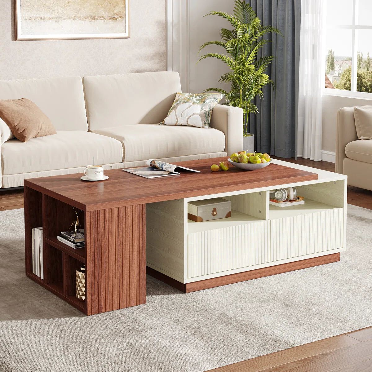 Extendable Coffee Table With 2 Drawers And Storage Shelves