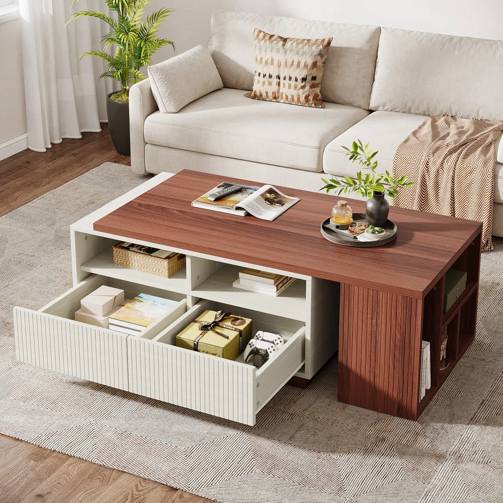Extendable Coffee Table With 2 Drawers And Storage Shelves