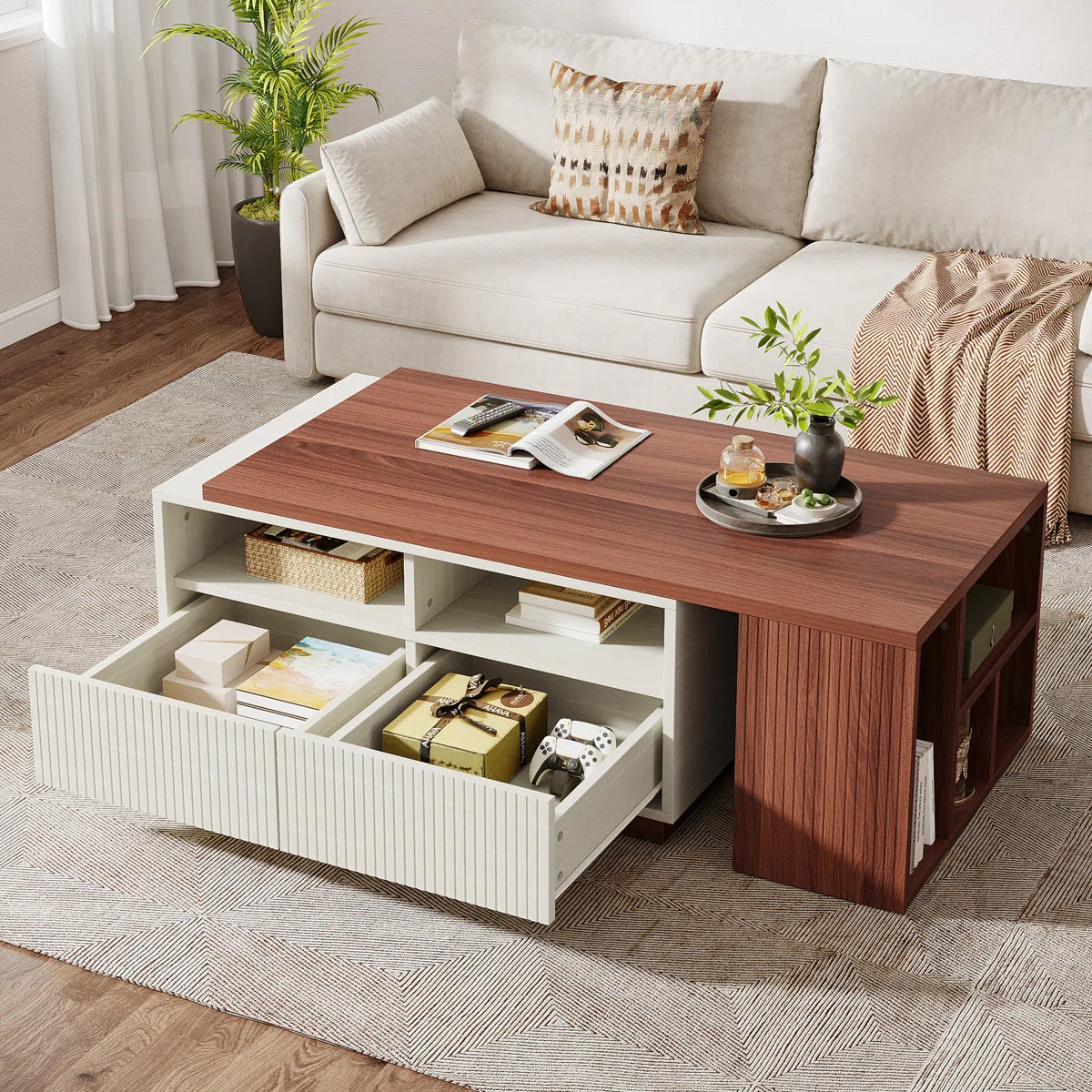 Extendable Coffee Table With 2 Drawers And Storage Shelves