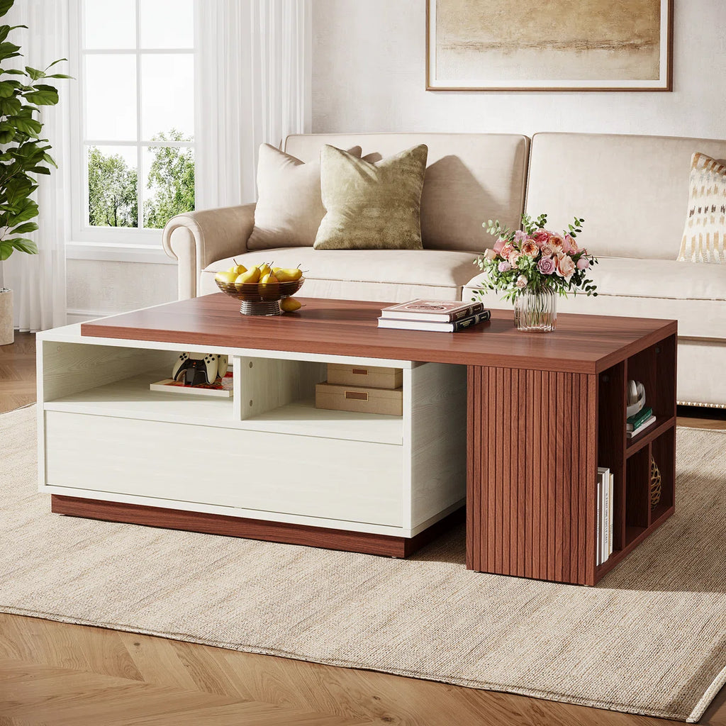Extendable Coffee Table With 2 Drawers And Storage Shelves